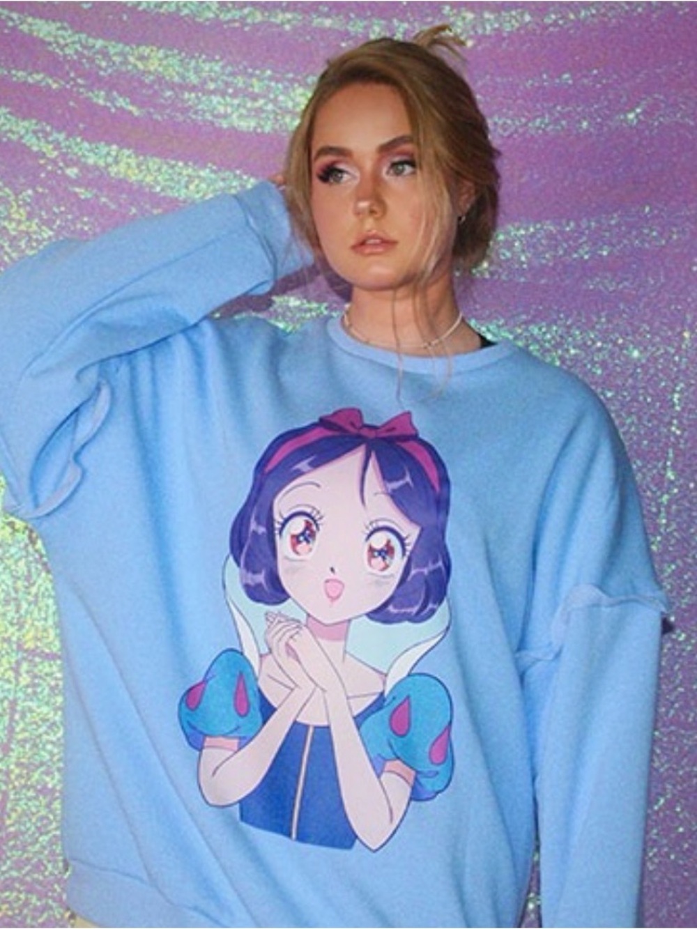 Light Blue Anime Graphic Sweatshirt for Women